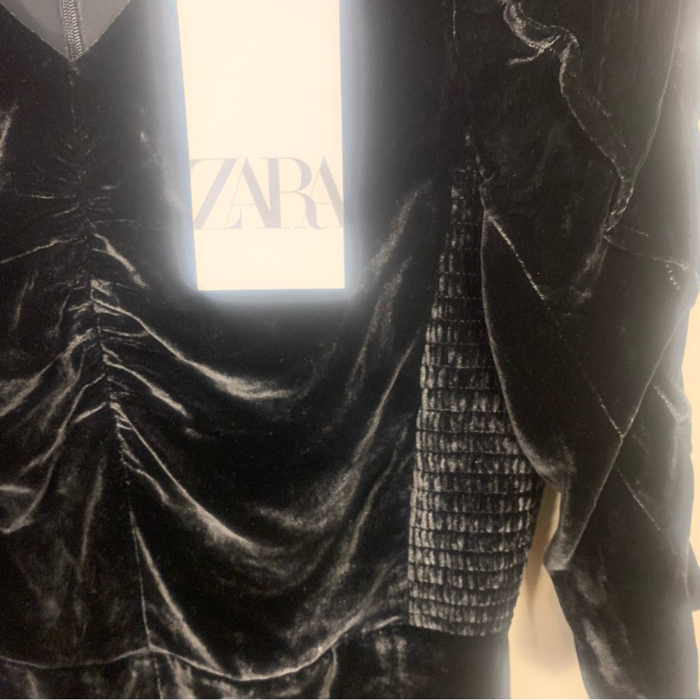 ZARA Velvet Ruched Ruffle Smocked Mini Dress - Picture 12 of 15